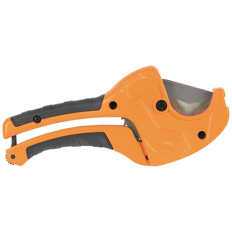 Klein Tools 50063 Ratcheting PVC Pipe Cutter, Cuts 1-1/4-Inch I.D. PVC, CPVC, PEX Pipes, One-Handed Operation, Replaceable Blades