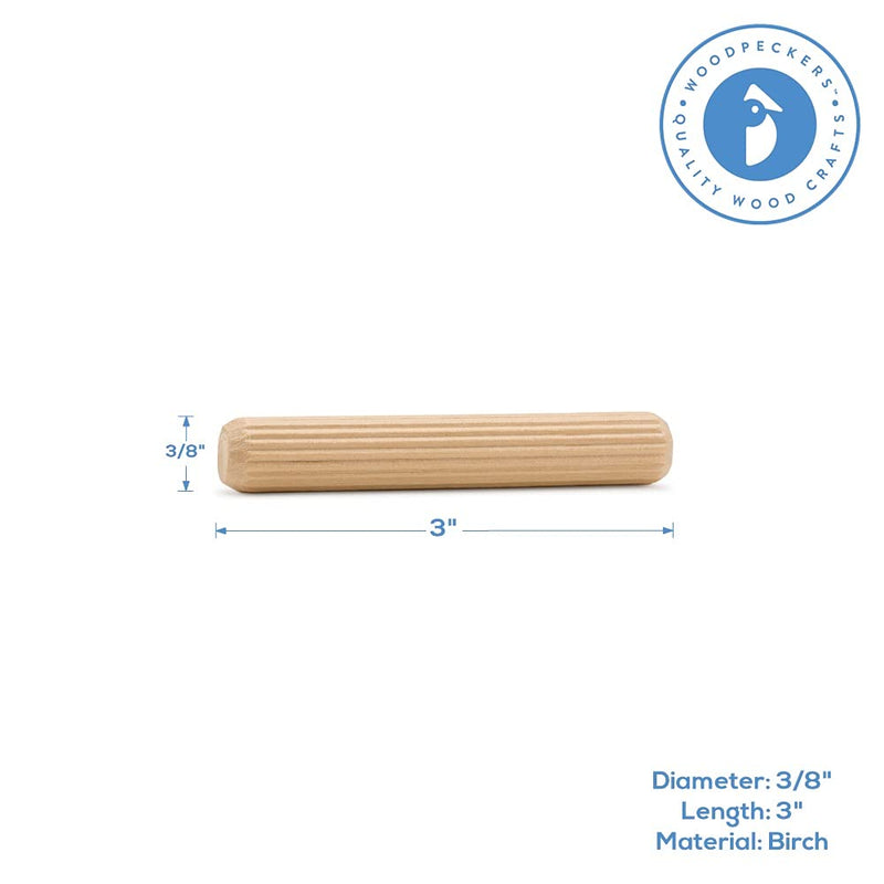 Wooden Dowel Pins 3 x 3/8 inch, Pack of 50 Fluted Dowel Joints for Woodworking, Furniture and Crafts, by Woodpeckers 3 inch x 3/8 inch