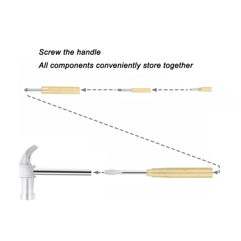 6-In-1 Multifunctional Metal Mini Hammer, Small Nesting Hammer, and Screwdriver Set, Portable Steel Mini Hammer Ideal (Silver Yellow) Silver Yellow