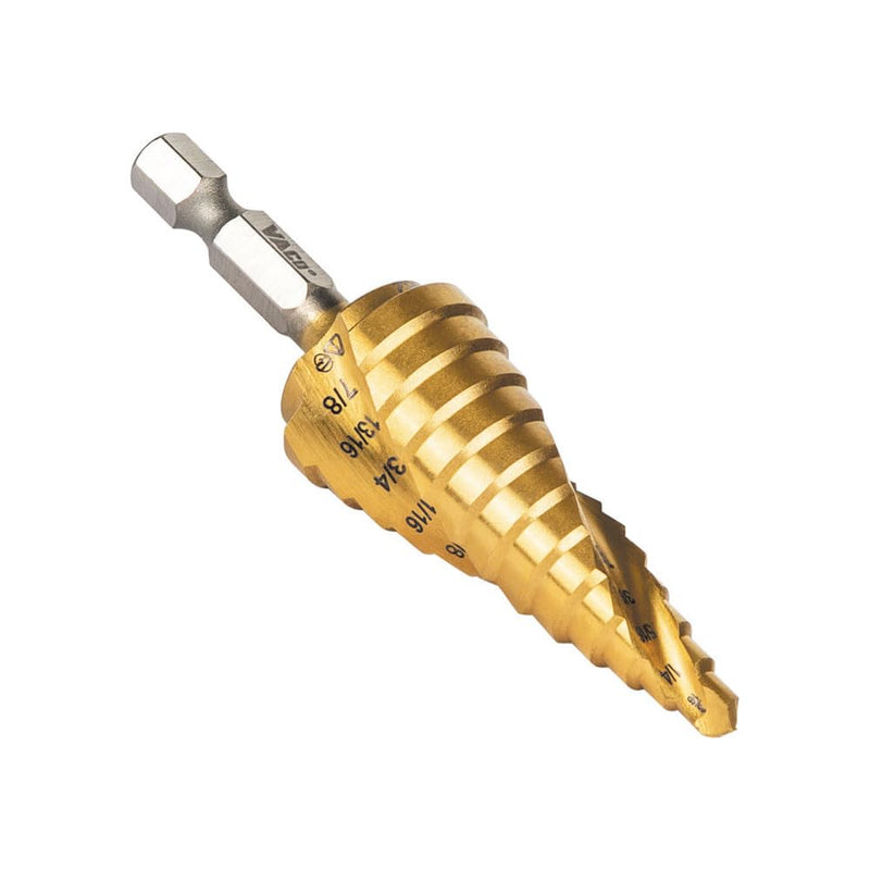 Klein Tools 25962 Step Drill Bit, 3/16 to 7/8-Inch, Spiral Double-Fluted, Cuts Thin Metal, Plastic, Aluminum, Wood, 1/4-Inch Hex Shank, VACO