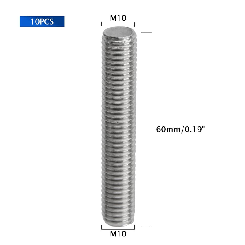 Threaded Rods M10 x 60mm, Fully Threaded Rod 304 Stainless Steel, Fully All Threaded Studs M10-1.5 Thread Pitch for Anchor Bolts, Clamps, Hangers, U-Bolts - 10Pcs M10x60mm