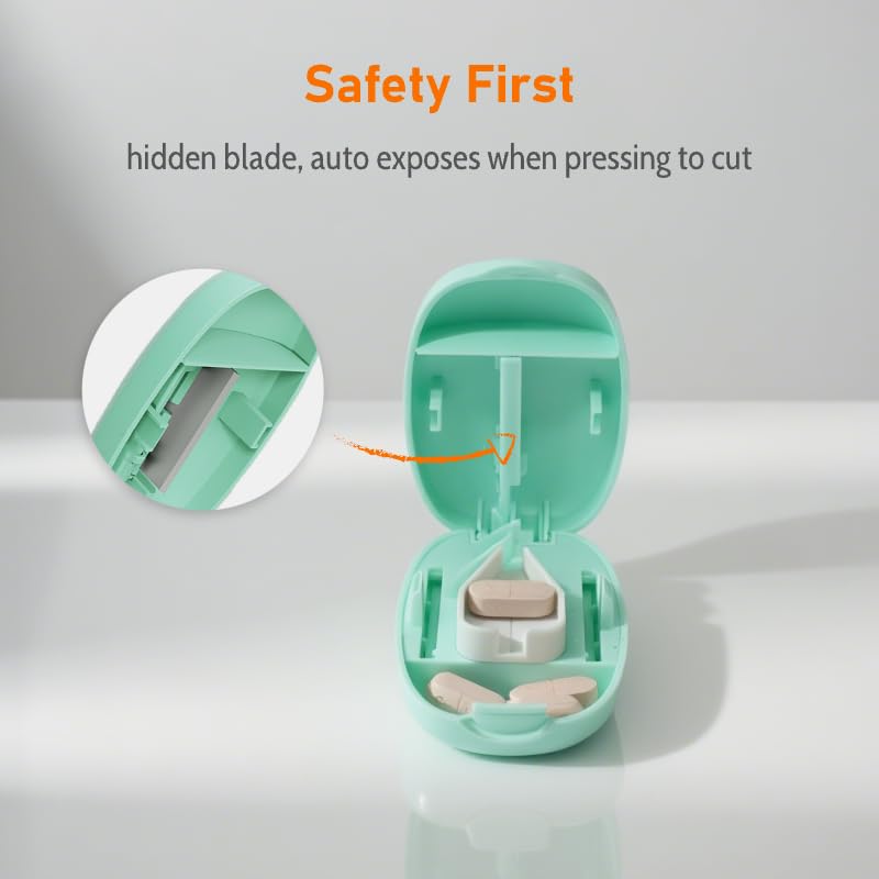 Safety Pill Splitter with Blade Shield, Travel Pill Cutter with V-Shaped Silicone Rubber Holder, Portable Medicine Slicer with Storage Compartment (Green) Green