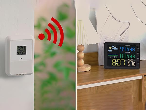 DOOMAY Weather Stations Wireless Indoor Outdoor Thermometer Monitor,Display Digital Hygrometer with Alarm,Barometric Pressure,Forecast Station with Calibration Temperature and Humidity Function