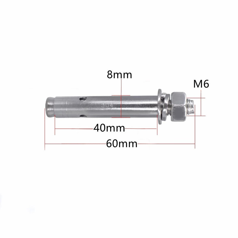 M6 x 60mm External Hex Expansion Bolts Screws, Hex Head Sleeve Anchor, 304 Stainless Steel, 12Pcs