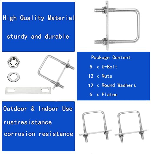 6Pack Square U-Bolts 2-1/2" Stainless Steel with Plates Nuts Flat Washers M10 Round for Car, RV, Trailer, Bumper, Boat