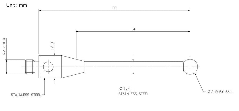 CMM Touch Probe Stylus 2mm Ruby Ball M2 Threaded Shank 20mm Long A-5000-3603 (H3603 M2*D2.0*L20.0)