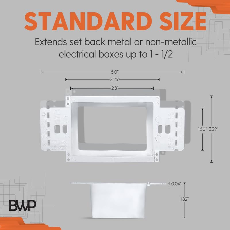 BWP - 5 Pack Electrical Power Outlet Box Extender Kit – Single Gang Box Extender - Single Receptacle Heavy Duty Plastic White Pack of 5