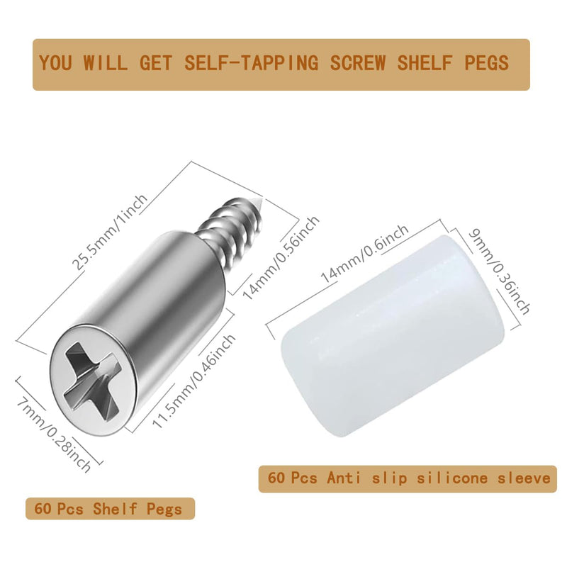 60 Pcs Self-Tapping Screws Cabinet Laminate Support, Shelf Pins with Non-Slip Sleeve, Shelf Holder Steel Pin Peg Self Drilling Screws, Self-Tapping Integrated Screw for Glass Furniture Cabinet Support 60 sets silvery white