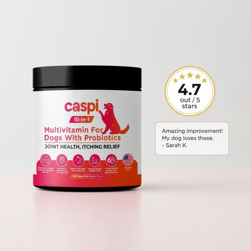 Caspi 10-in-1 Dog Multivitamin with Probiotics – Joint Health, Itching & Skin Relief, Omega-3 Salmon Oil, Glucosamine, Vitamins & Minerals – Daily Chew Supplement for Dogs – 160 Soft Chews