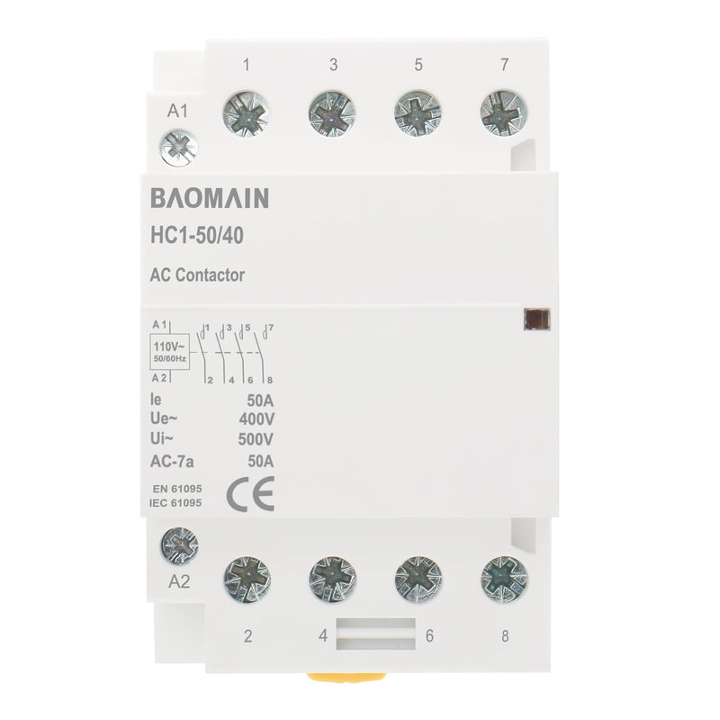 Baomain 110V AC 4-Pole Modular Contactor, 50A 4NO Normally Open, DIN Rail Mount for HVAC, Motor, Pump & Lighting Control BCT-50/40, HC1-50/40-110VAC 110 VAC