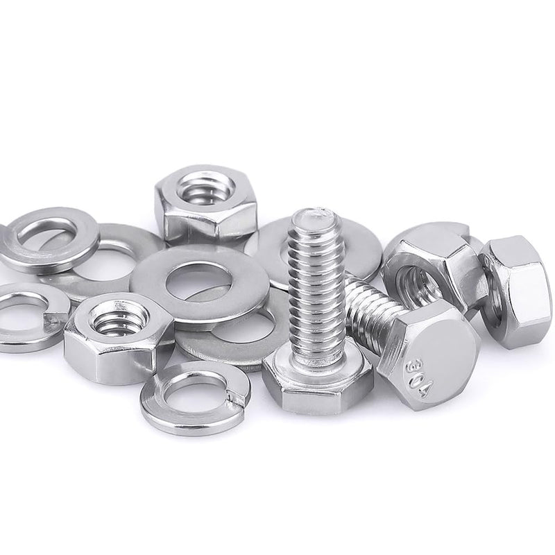 1/4-20 x 3/4" (10 Sets) Stainless Steel Hex Bolts Screws with Nuts Flat Washers Lock Washers, 304 SS 18-8, Hexagon Head, Fully Machine Threaded, Bright Finish 1/4-20 x 3/4" 10