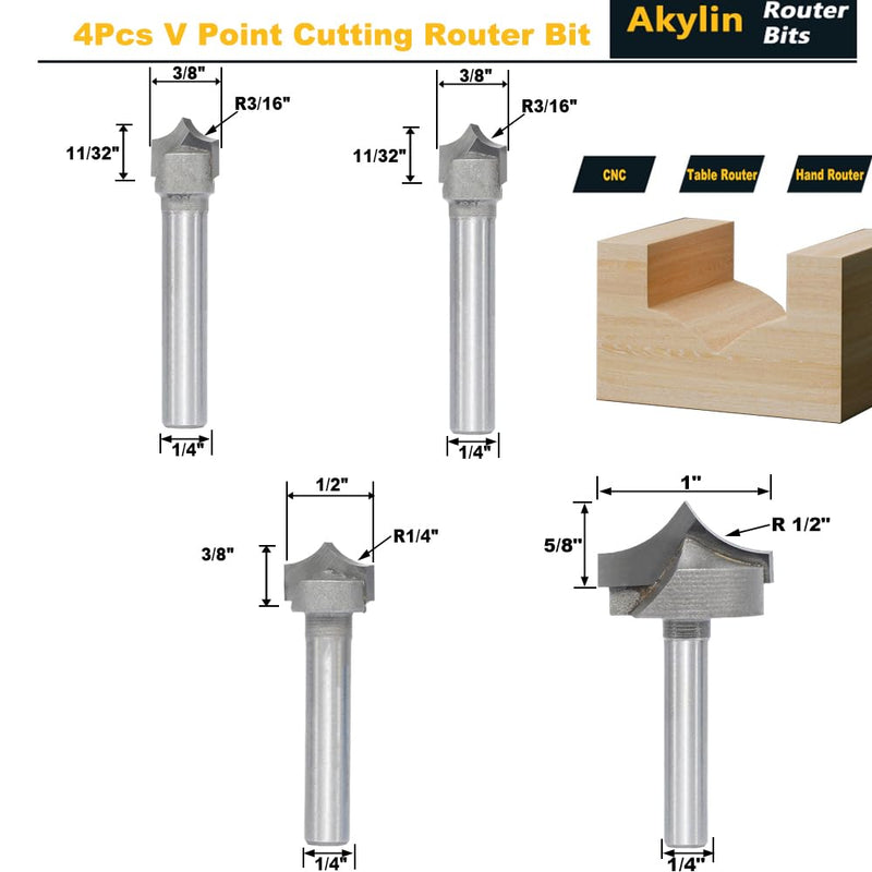4pcs Point Cutting Roundover Router Bit Set,1/4" Shank,Cutting Dia. 3/8“,3/8",1/2" and 1",Round-Over Plunge Cutter for Wood Engraving, 2D and 3D Carving 4Pcs V Point Bits