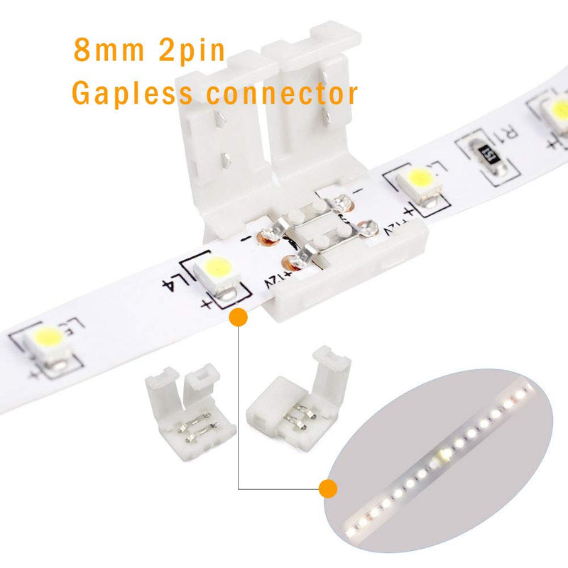 2Pin 8mm LED Strip Connector Kit Include L Shape 2 Pin Right Angle Corner Connector, T Shape Connector, Solderless Gapless Connector, Strip to Strip Jumper Wires for 2Pin 8mm 3528/2835 LED Strip