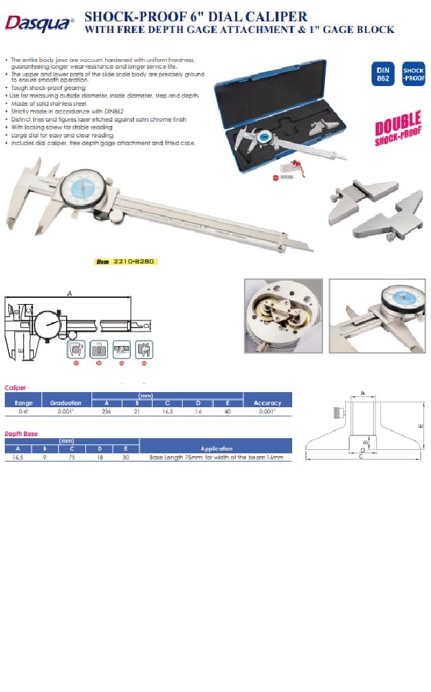 Dasqua 2210-8280 0-6" Stainless Steel Dial Caliper with Depth Gage 0-6" & Depth Gage Attach.