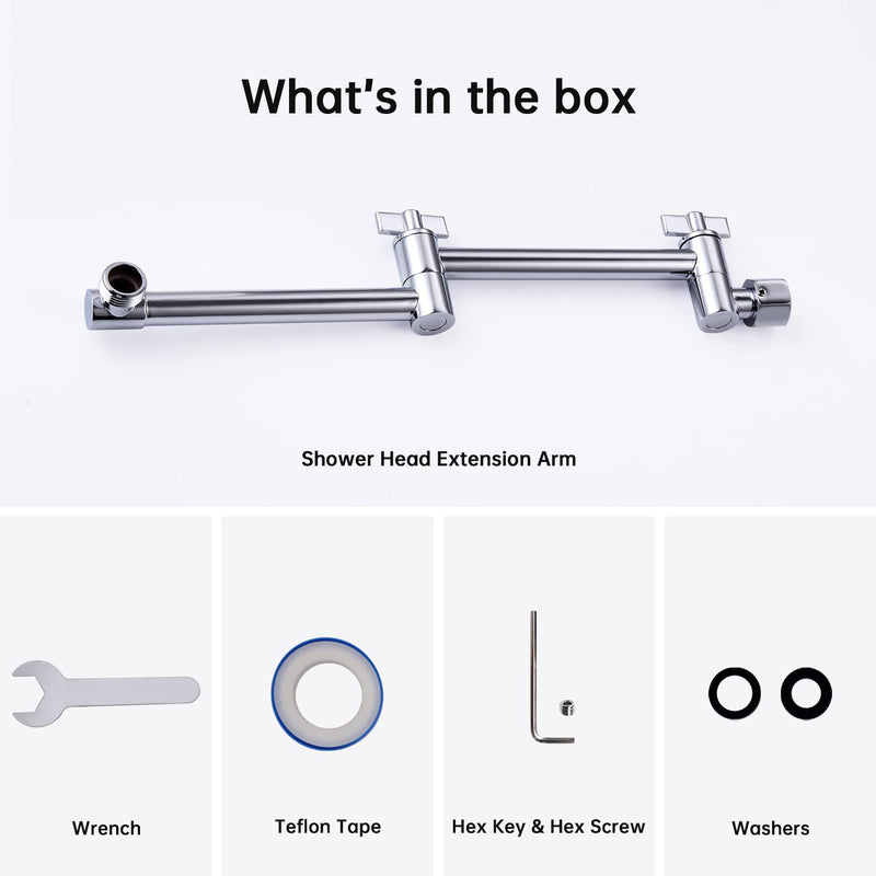 G-Promise 13 Inch Shower Head Extension Arm, Solid Brass Height & Angle Adjustable Extender, Rise or Lower Rainfall and Fixed Shower Head (Chrome) Chrome