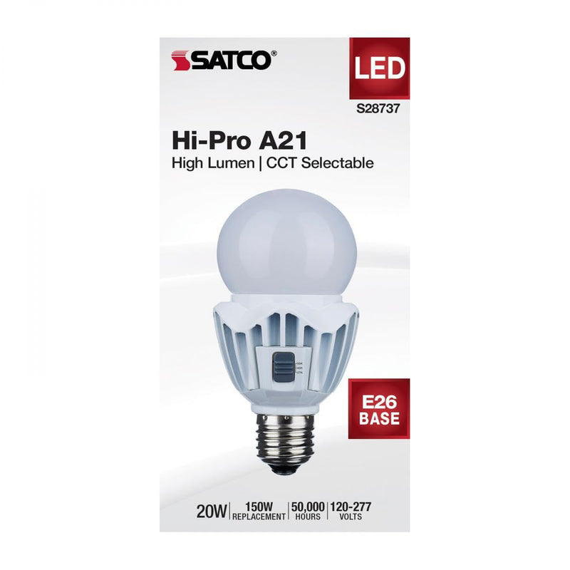 Satco 2 Pack 20 Watt LED A21 Light Bulbs S28737, High Lumen Output, 2700K/4000K/5000K CCT Selectable, E26 Medium Base, White Finish, 120V-277V, Ideal for Wide Areas, Commercial, Residential