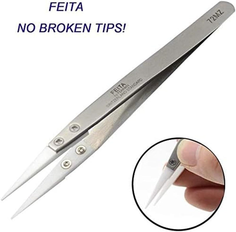 FEITA Precision Pointed Ceramic Tweezers - Temperature Resistant and Anti-Magnetic White Fine Pointy Ceramic Tips Twizzers - For Electronic Repair, DIY Crafting Hobby Tools - 1 Pc White Head