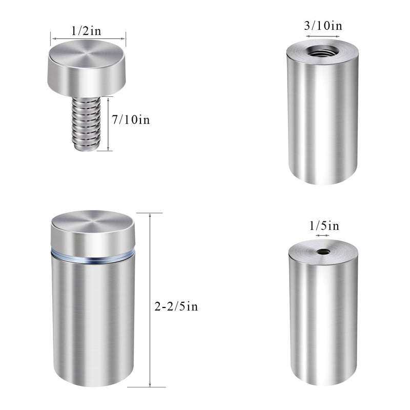 Osring 1/2” Dia x 2 2/5” L Standoffs Screws for Acrylic, Silver Sign Standoff Wall Mounts Hardware 16 Pack, Stainless Steel Advertising Nails for Glass Board and Signage 1/2" x 2-2/5"