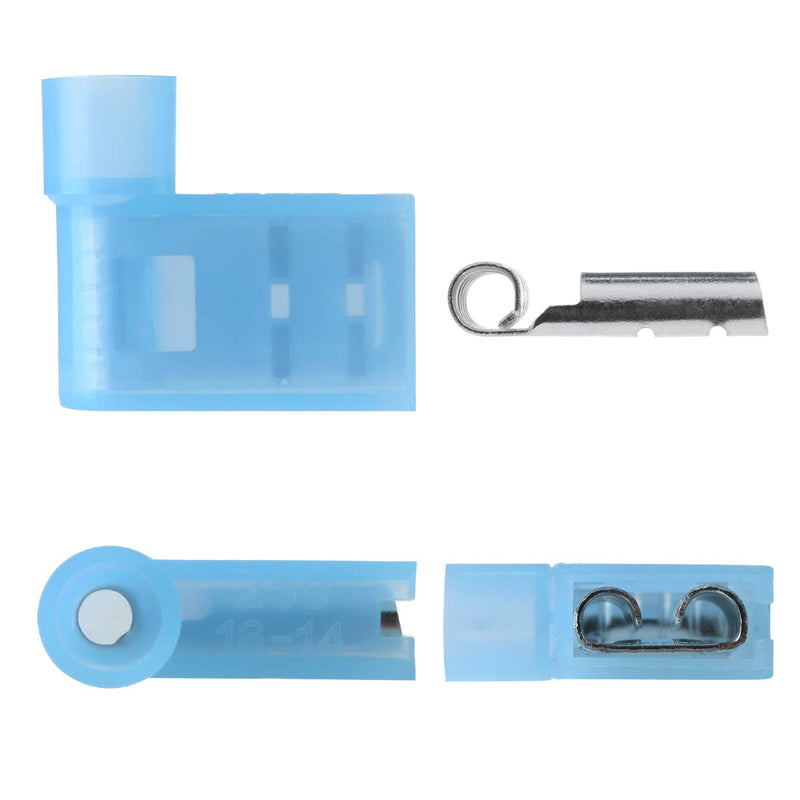 XHF 90 Degree 16-14 AWG Flag Shaped Right Angle Spade Connectors Terminals Nylon Fully Insulated Quick Crimp Wire Connectors 100 Pcs Blue