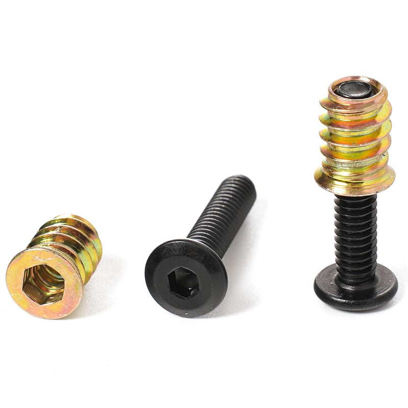 1/4-20 Threaded Insert and Bolt for Wood, Furniture Screw Nut 3/5" Long, Stainless Steel Black Oxide Flat Head Bolts 1/4-20 x 1, 1/4 Black Washers, 30-Set