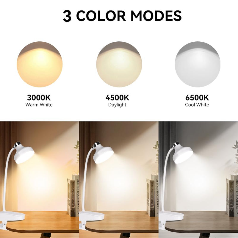 Clip on bed lamp,Rechargeable book Light,White Eye-caring,10 Dimmable adjustable brightness,3 Colors,20 LED,Gooseneck Hose,400 lumens,Suitable for bedside reading,Night Light,Clip on desk light