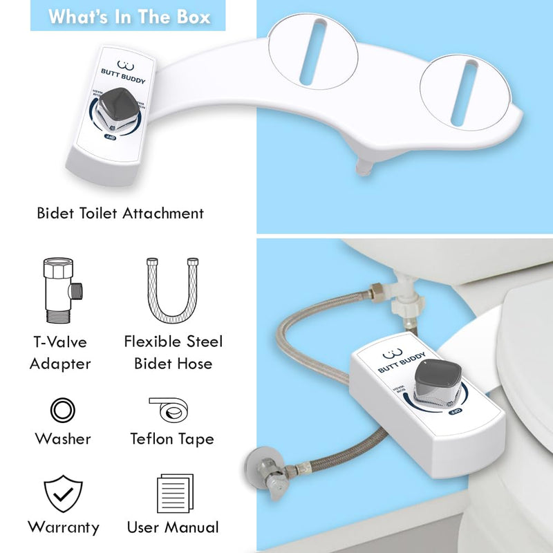 BUTT BUDDY - Bidet Toilet Seat Attachment & Fresh Water Sprayer (Easy to Install, Universal Fit, No Plumbing or Electricity Required | Self-Cleaning Nozzle, Adjustable Pressure Control, USA Stock) 1