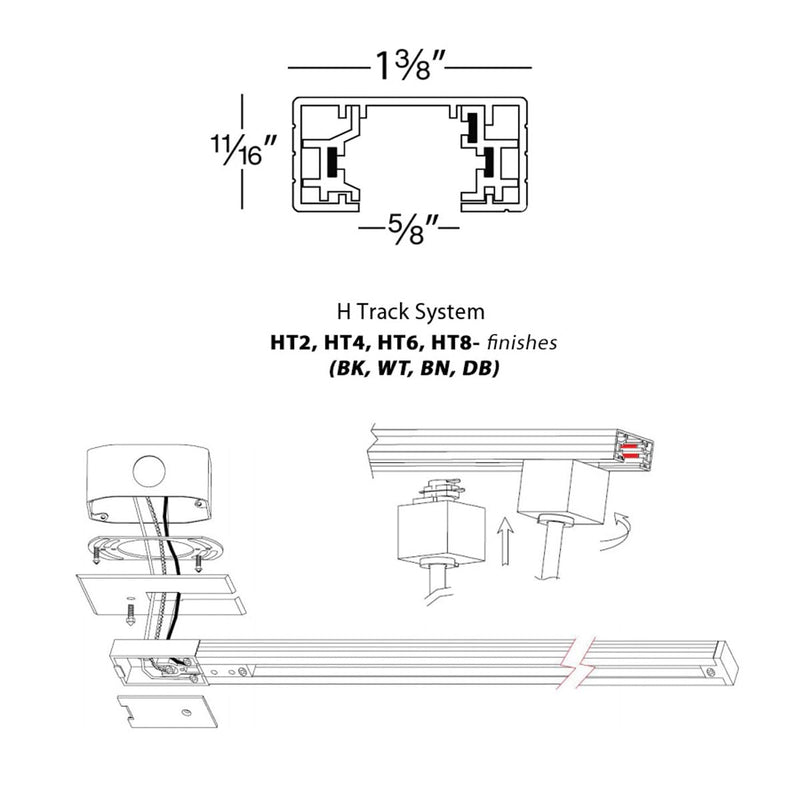 WAC Lighting H Track 8FT Single Circuit Field Cuttable 120V Track for H Style 3-Wire Track Fixtures with 2 Endcaps in Black 8 Feet H-Series