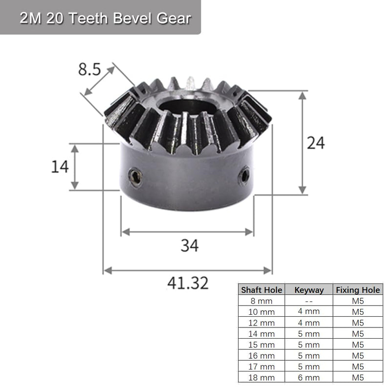 2 Pcs 2M 20 Teeth 8-18mm Shaft Hole Tapered Bevel Gear 1: 1#45 Steel 2 Module 90 Degree Steering Gear with M5 Fixing Hole(16mm) 16 mm