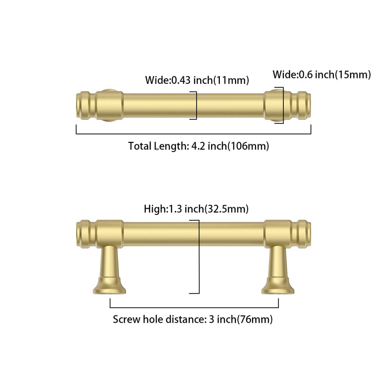 10 Pack 3 Inch(76mm) Kitchen Cabinet Handles Brushed Gold Cabinet Pulls Cabinet Hardware Drawer Pulls for Cupboard Wardrobe 2306 3"/76MM Hole Center 10 Pack