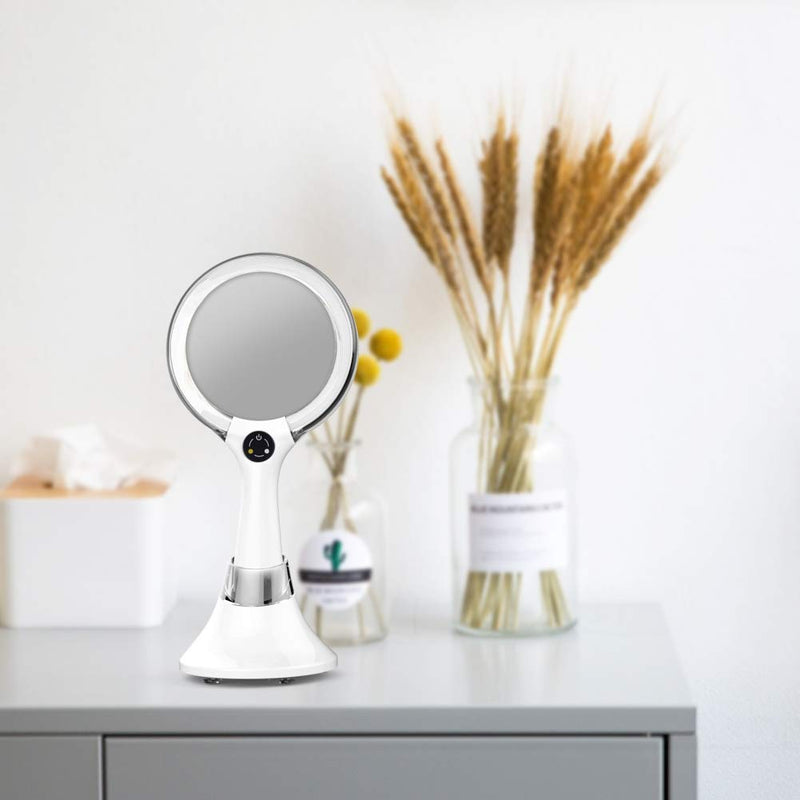 Starlite Handheld Rechargeable Lighted Makeup Mirror with Stand, 1X/5X Magnification, Dual Sided & Vanity Mirror with Bright and Warm Light, Cordless Rechargeable Mirror (White Colour) 10.5"L x 4.1"W