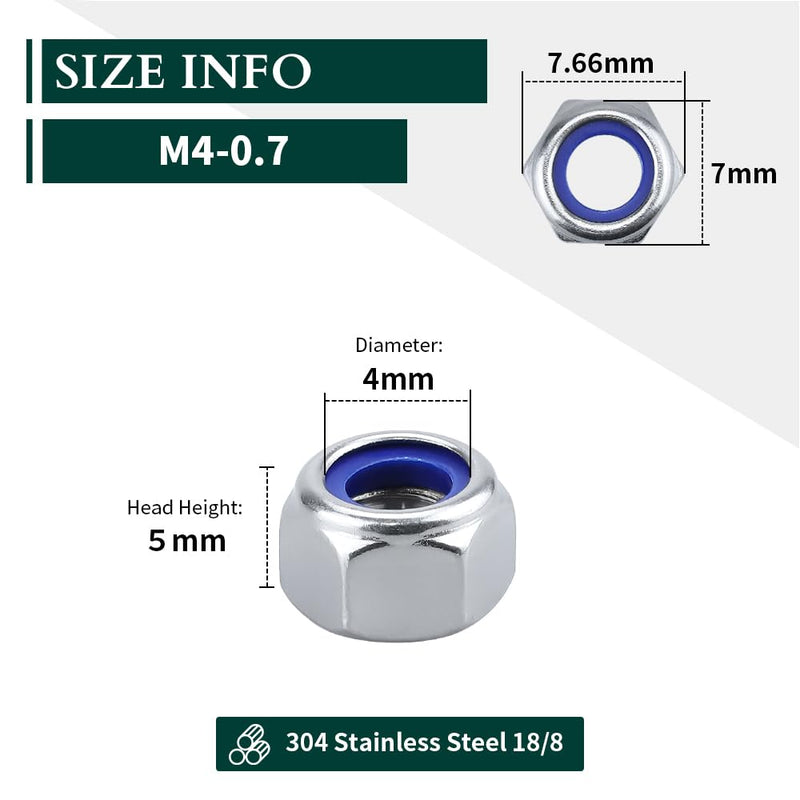 M4-0.7 (100 pcs) Nylon Insert Hex Lock Nuts 304 Stainless Steel 18-8 Locknut, Bright Finish, DIN985 M4-0.7 100