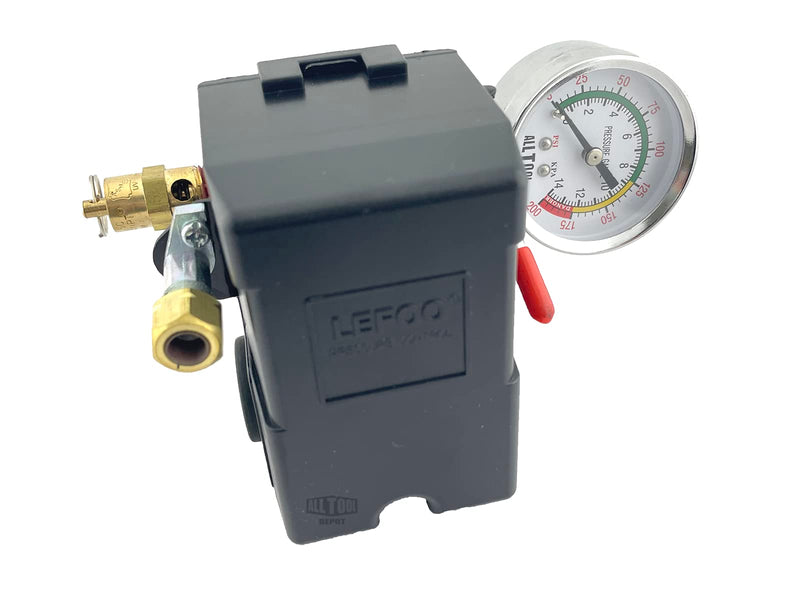 H/D Pressure Switch 4 Ports 95-125 psi w/150 psi Pop Off Valve, 26AMP, 0-200 psi Side Gauge Color Coded