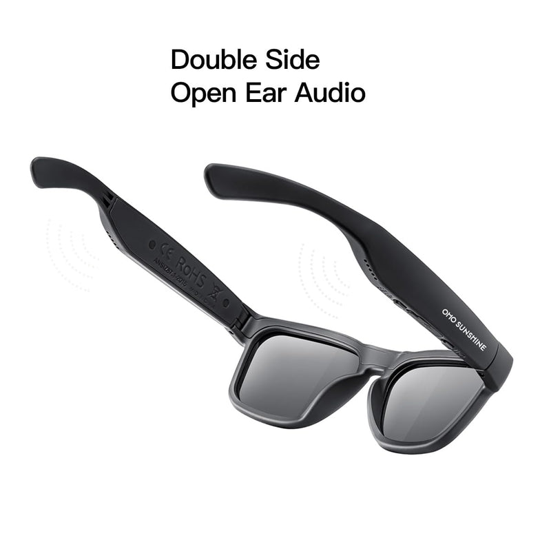 OhO sunshine, Polarized Sunglasses with Bluetooth Speaker, Open Ear Audio, Athletic/Outdoor UV Protection and Voice Control Black Blue Light