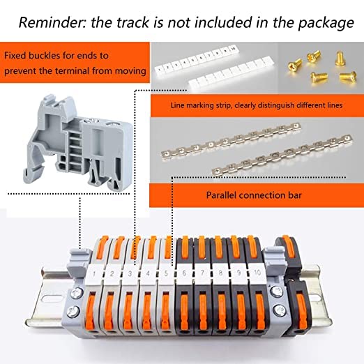 DIN Rail Terminal Blocks,Universal Compact Wire Wiring Connector (40 pcs connectors+4 pcs Article in Parallel+4 pcs Digital Identification+2 pcs Fixed clamp+40 pcs Screw) 40 pcs connectors