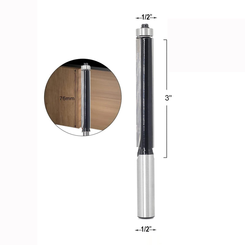Extra Long Flush Trim Router Bit 1/2 Shank, 3-Inch Height X 1/2-Inch Diameter, Carbide Tipped, Top Bearing Template Flush Cut Trim Router Bit, for Woodworking Trimming Extra Long Trim Bit 3-Inch