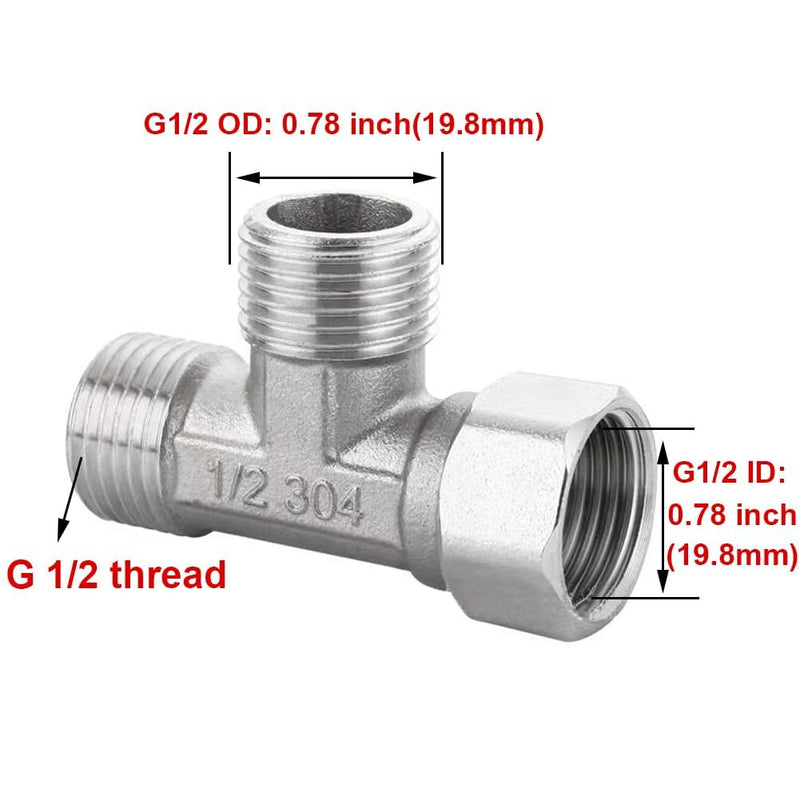 Beduan Stainless Steel 1/2" G 3 Way Diverter, Movable Cap Flexible Tee Connector for Angled Valve, Bidet, Sprayer, Shower Arm (All 3 way is 1/2 G threaded!!, Thread ID/OD is 19.8MM/3/4") 1/2" G Male(O.DXO.DXI.D:3/4"X3/4"X3/4", Left Movable Cap)