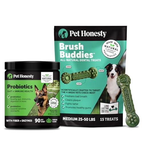Pet Honesty Dog Wellness Virtual Bundle – Probiotics Supplement (Pumpkin, 90 Ct) + Brush Buddies Dental Sticks for Medium Dogs (15 Ct) – Digestive & Dental Support