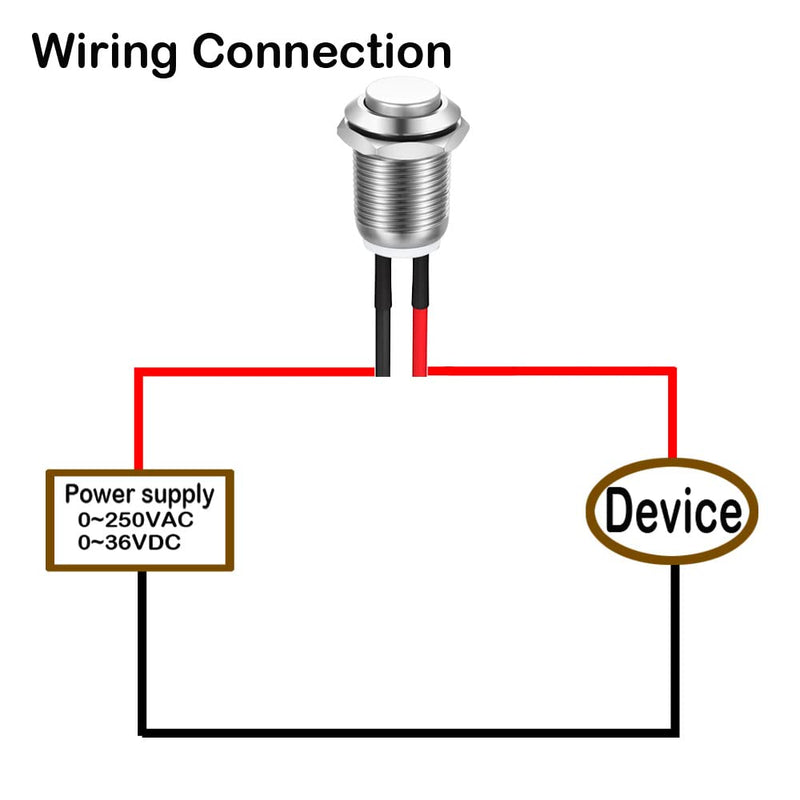 5pcs 12mm 2A 12V/24V/125V/250V AC Prewired Waterproof Push Button Momentary Stainless Steel Push Button On Off (High Head) SS-Momentary(High head)