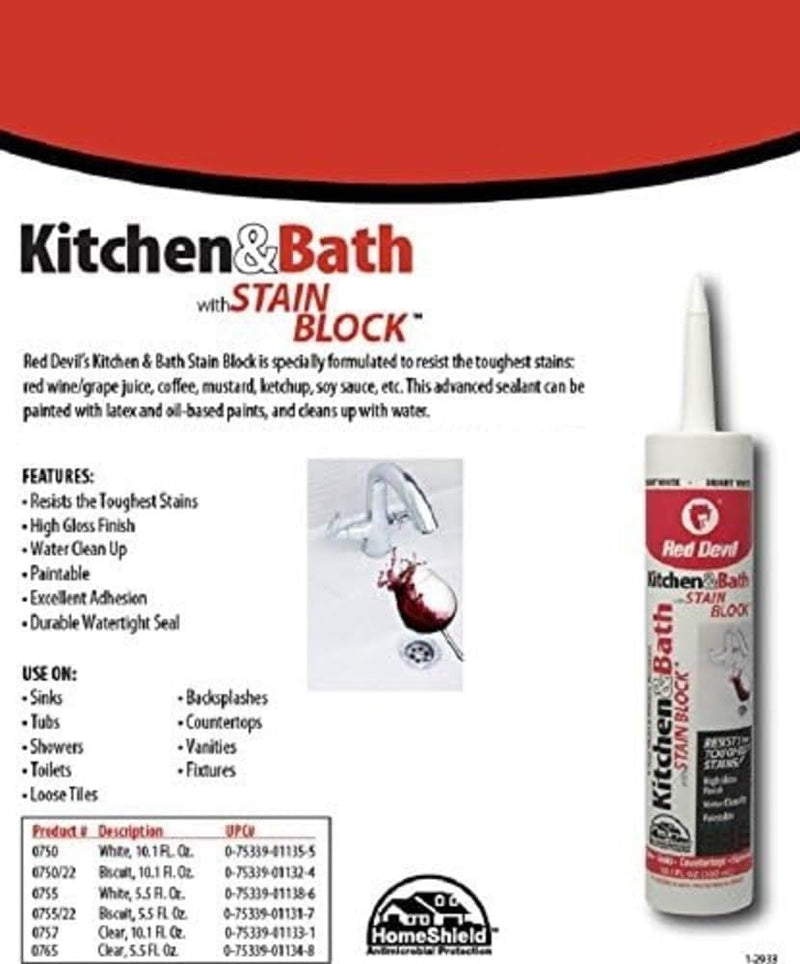 Red Devil 0755 Kitchen & Bath Stain Block Sealant Squeeze Tube, 5.5 oz. White 1 - Pack 5.5 oz.