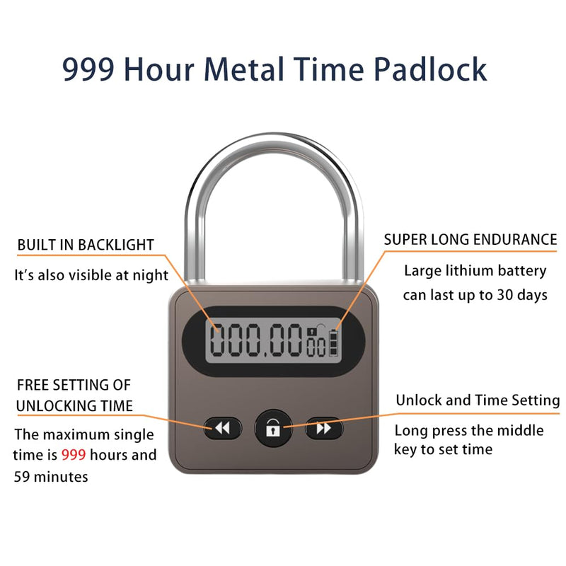 999 Hour Metal Timer Lock, Max Timing Over 1 Month with LCD Display Multi-Function Electronic Time, USB Rechargeable Timer Padlock for Kitchen Cabinets, Phones, Snack, Liquor, Game Consoles (Black)