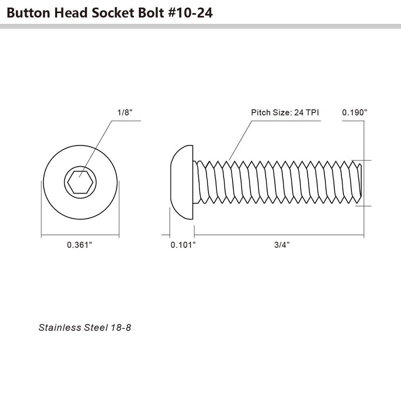 10-24 x 3/4" Button Head Socket Cap Bolts Screws, Stainless Steel 18-8 (304), Bright Finish, Full Thread, Allen Hex Drive, 50 PCS 10-24 x 3/4"