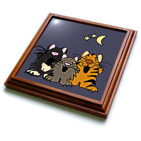 3dRose Funny Tiger Cat, Black Cat, and Grey Cat Singing in Moonlight Trivet with Ceramic Tile, 8 by 8", Brown