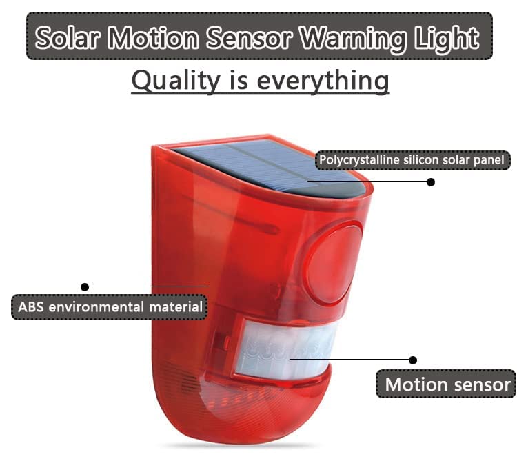 2 Solar with Sound Strobe Light, Wall Mounted Outdoor Motion Red Sensor Alarm, 4 Modes of Motion Sensor, Alarm 129dB for Home Fence Farm Yard Garage Barn