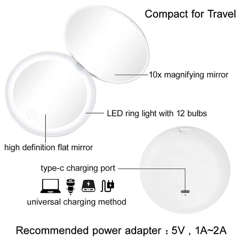 Compact Mirror with LED Light,1x/10x Magnifying Rechargeable Mirror,3.5in, Dimmable Travel Mirror for Purse,Pocket,Handheld 2-Sided Makeup Mirror Pink+white