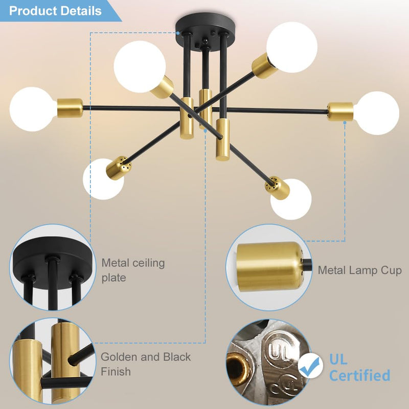 Biewalk Sputnik Chandelier, Mid Century Modern Nordic Pendant Lighting 6 Lights Ceiling Light Fixture Black and Gold Chandelier, for Living Room Kitchen Bedroom Dining Room (E26 Bulb Excluded) Black Gold 6-Light no lampshade