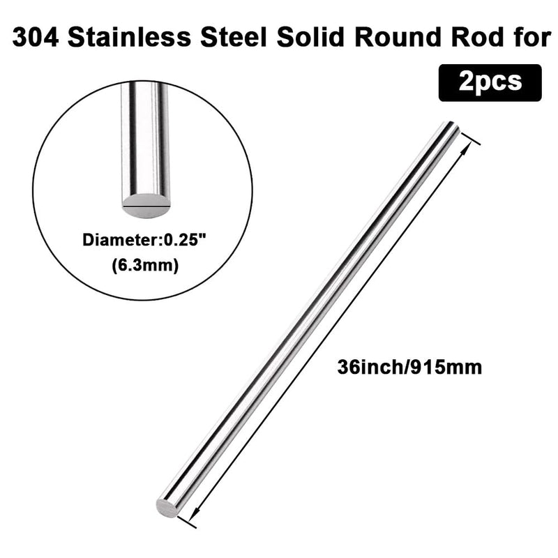 36 inches Long 1/4" Diameter 304 Stainless Steel Solid Round Rod for，Metal Solid Shaft Rods，for DIY Craft & Metal Working - 2pcs 1/4”x36” 2