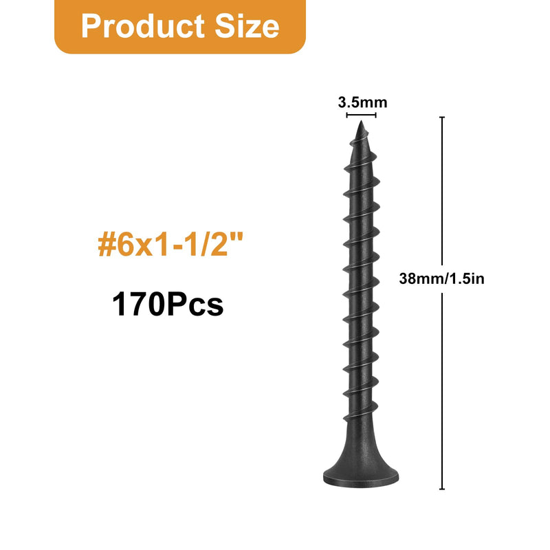 170pcs #6 × 1-1/2 inch Drywall Screws, Black Wood Screws, Coarse Thread Sheetrock Screws, Phillips Head Drive, High Hardness Black Screws for Drywall, Sheetrock, Wood #6 × 1-1/2"(170pcs)