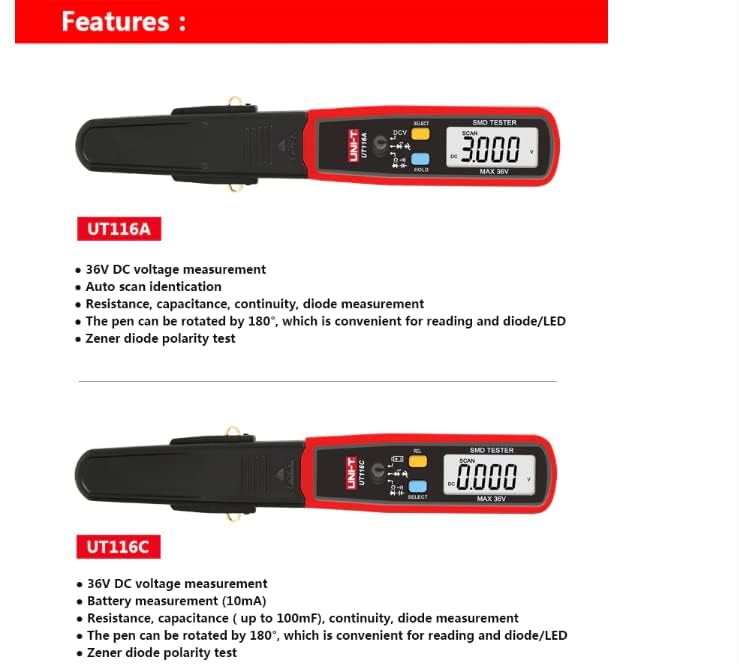 UNI-T Uni-Trend Multimeter clamp Meter UT116A UT116C Digital Tweezers Smart SMD Tester Electrical Multimeter Resistance Capacitance Continuity Diode Test Meter(UT116A) UNI-T UT116A