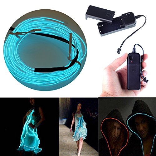Searik LED Neon Light, 16.4ft/5m Portable EL Wire Glowing Rope Lights LED Strips with Battery Controller for Halloween Decorations Party Favor Festival DIY Car Clothes Decor (Light Blue) Light Blue