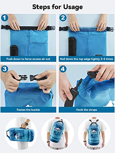 HEETA Waterproof Dry Bag for Women Men (Transparent Blue 5L) Bundled with 2-Pack Waterproof Pouch with Adjustable Waist Strap (Black & Pink)
